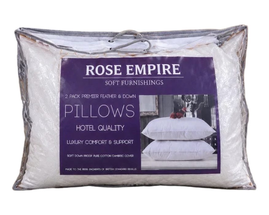 Cotton shell feather pillow in Rose Empire branded zip bag