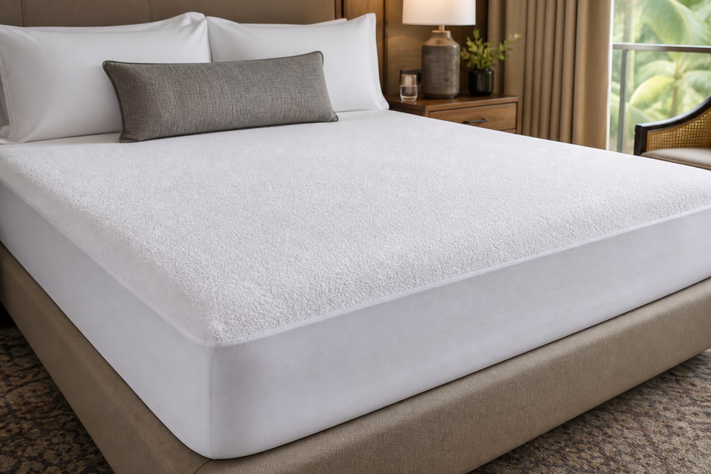 Terry waterproof mattress protector with elastic fitted skirt — hotel grade