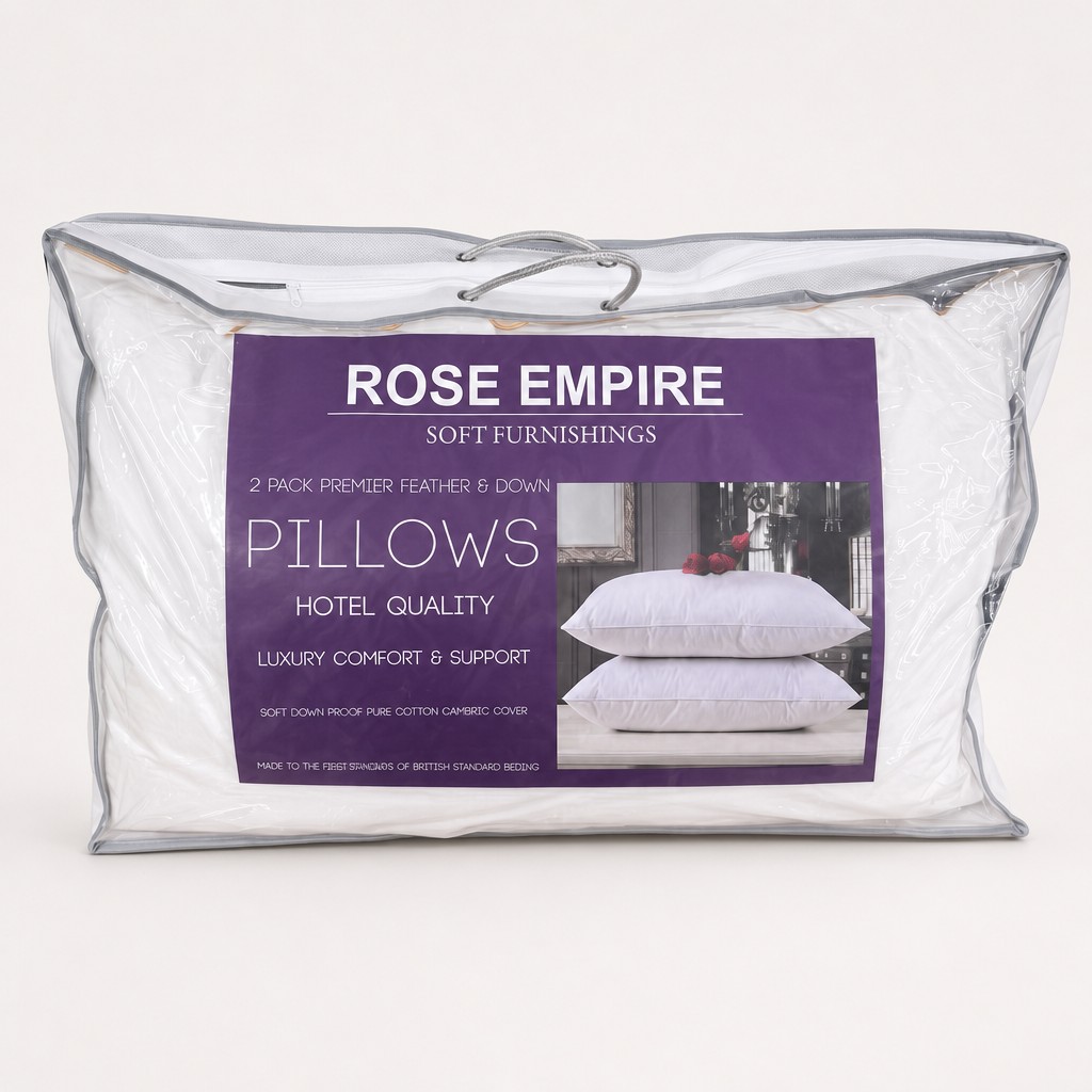 Rose Empire 2 pack Premier Feather and Down pillows packed for trade